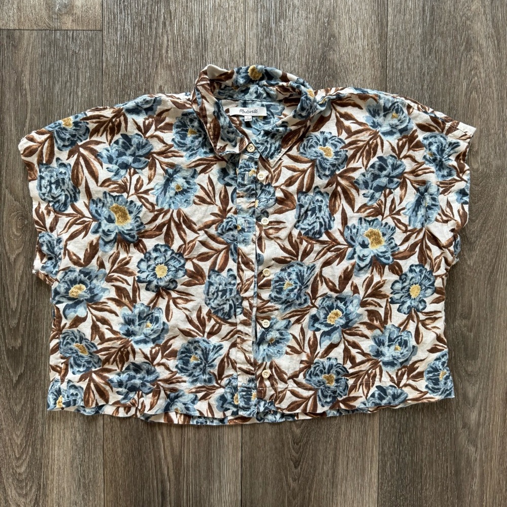 Madewell Button-Down Shirt with Blue, Brown, and Yellow Floral Pattern